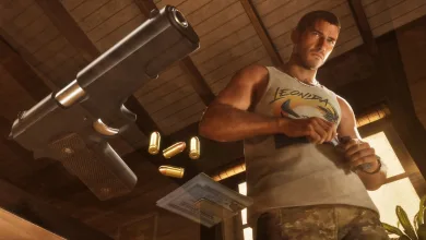A Grand Theft Auto VI character stands beneath a handgun with ammunition visible in a warmly lit room.