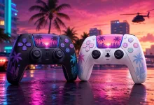 Dark and white DualSense wireless controllers displayed against a neon Vice City-inspired sunset with palm trees.