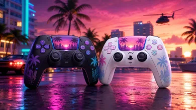 Dark and white DualSense wireless controllers displayed against a neon Vice City-inspired sunset with palm trees.