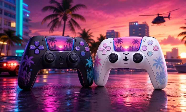 Dark and white DualSense wireless controllers displayed against a neon Vice City-inspired sunset with palm trees.