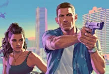 Jason aims a pistol while Lucia stands before a bright city skyline in Grand Theft Auto VI artwork.