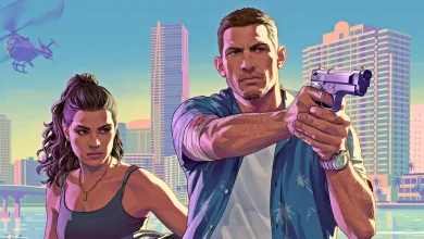 Jason aims a pistol while Lucia stands before a bright city skyline in Grand Theft Auto VI artwork.