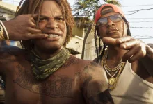 Two Grand Theft Auto VI characters pose outdoors in front of a residential street