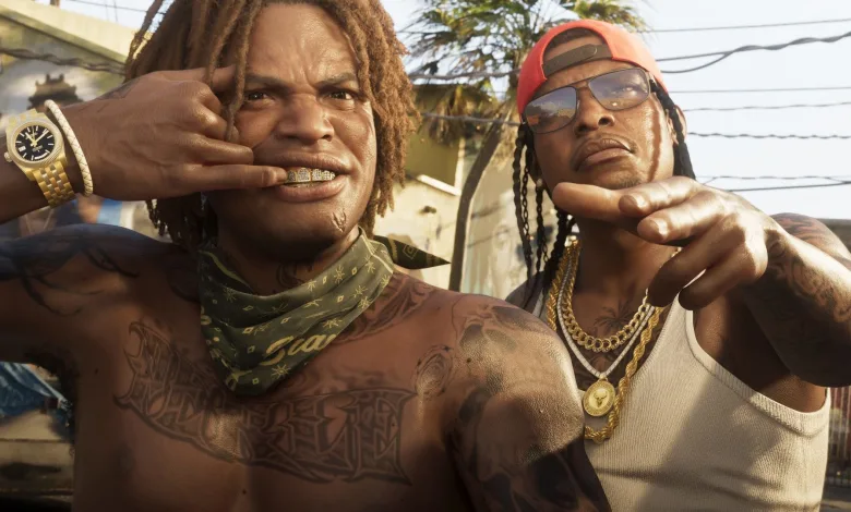 Two Grand Theft Auto VI characters pose outdoors in front of a residential street
