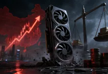 A triple-fan graphics card stands amid rubble with a red rising price chart over a map of China and scales weighed with coins.