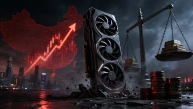 A triple-fan graphics card stands amid rubble with a red rising price chart over a map of China and scales weighed with coins.