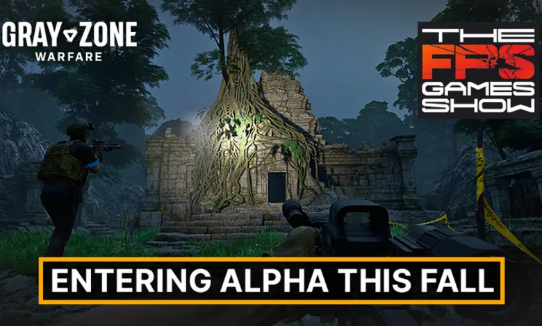 First-person view of a Gray Zone Warfare operator approaching a vine-covered temple in a jungle environment