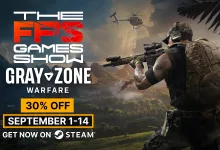 Gray Zone Warfare promotional artwork shows an armed operator in a jungle beside the FPS Games Show logo and a 30% off sale notice.