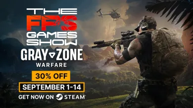 Gray Zone Warfare promotional artwork shows an armed operator in a jungle beside the FPS Games Show logo and a 30% off sale notice.