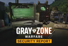 A computer workstation displays the Gray Zone Warfare Security Report over a tactical jungle scene.