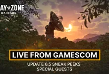 Gray Zone Warfare logo over a sunset satellite dish scene with text reading Live from Gamescom, Update 0.5 Sneak Peeks, and Special Guests.