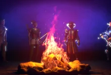Four Halls of Torment characters stand around a glowing campfire in a dark environment.