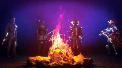 Four Halls of Torment characters stand around a glowing campfire in a dark environment.