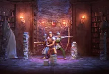 Two Halls of Torment characters stand among books and cobwebs in a candlelit library.