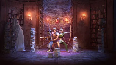 Two Halls of Torment characters stand among books and cobwebs in a candlelit library.