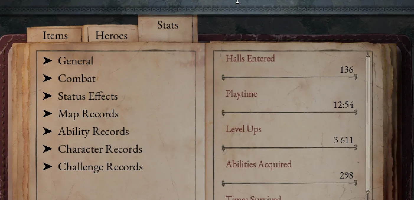 Halls of Torment Scriptor menu showing character and map record categories