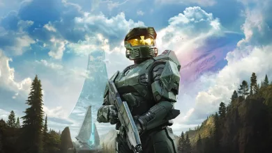 An armored Spartan soldier stands in a futuristic landscape associated with the next Halo game.
