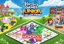 Official artwork for Hasbro Games Junior Collection showing Clue Junior, Monopoly Junior, and The Game of Life Junior boards and characters