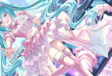 Hatsune Miku posing in a pink dress amid bright pastel effects
