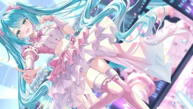 Hatsune Miku posing in a pink dress amid bright pastel effects