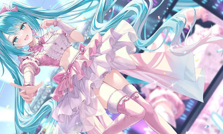Hatsune Miku posing in a pink dress amid bright pastel effects