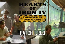 Hearts of Iron IV Patch 1.19.3 artwork showing military personnel working at a jungle camp beneath the Thunder at Our Gates banner