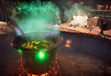 A magical cauldron bubbles with green liquid as tiny mice work nearby in Hela: Of Mice & Magic.