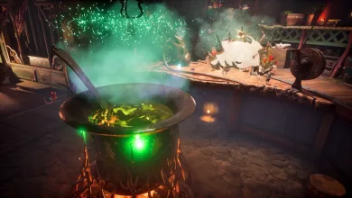 A magical cauldron bubbles with green liquid as tiny mice work nearby in Hela: Of Mice & Magic.