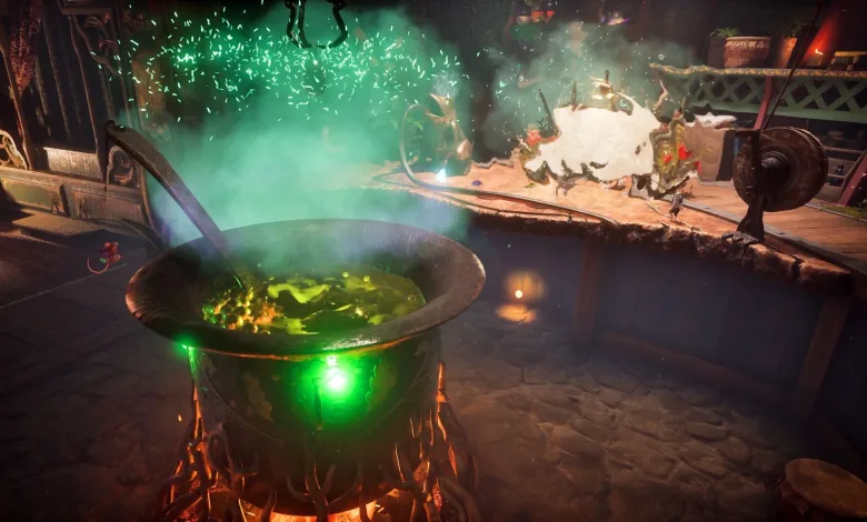 A magical cauldron bubbles with green liquid as tiny mice work nearby in Hela: Of Mice & Magic.