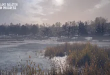 A frozen lakeside landscape with reeds and trees in Hell Let Loose's Lake Balaton map.
