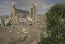 Hell Let Loose gameplay showing a village street, church, stone buildings, and trees