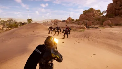 A Helldivers 2 soldier fires at enemies across a desert battlefield.