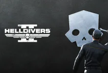 A Helldivers 2 soldier paints a skull emblem beside the Helldivers logo.