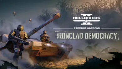 Armored Helldivers stand beside a tank in artwork for the Ironclad Democracy Premium Warbond