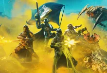 Four Helldivers 2 soldiers advance through yellow smoke while firing at alien creatures beside a raised flag.
