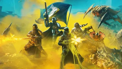 Four Helldivers 2 soldiers advance through yellow smoke while firing at alien creatures beside a raised flag.