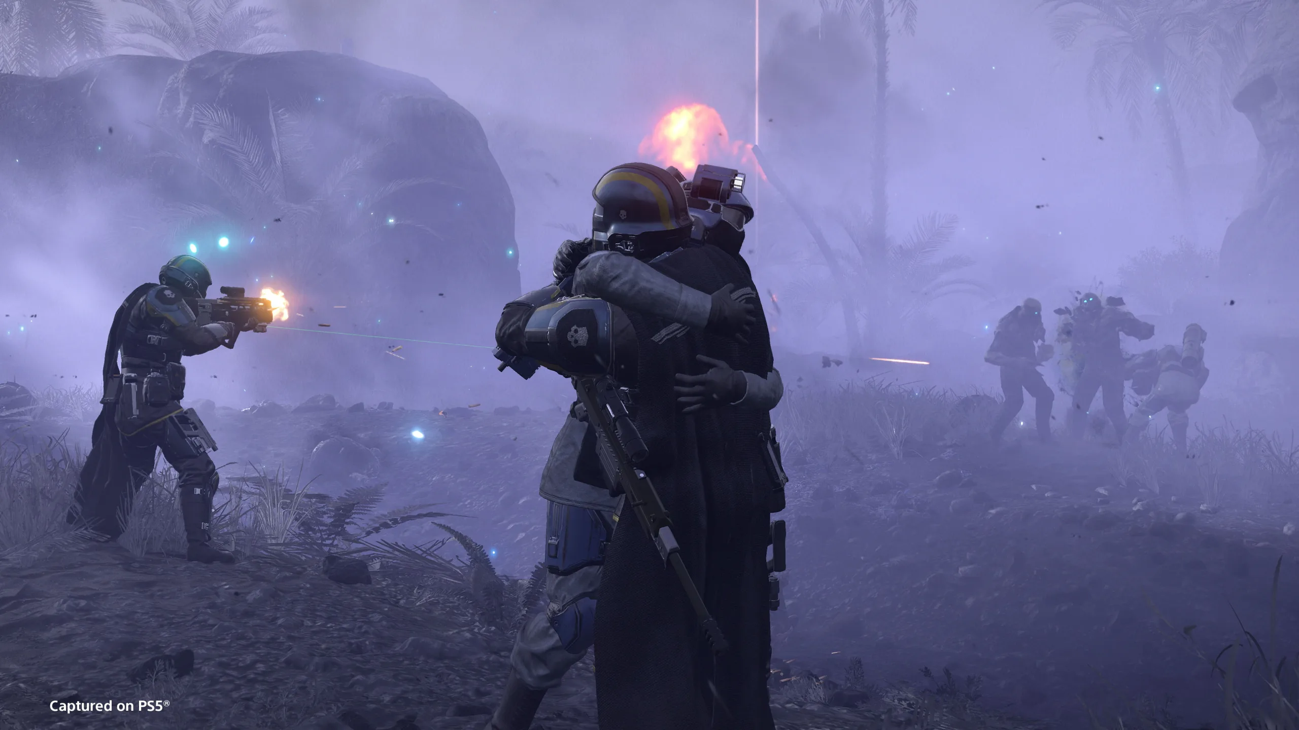 Helldivers fighting Illuminate forces in a hazy Void battlefield