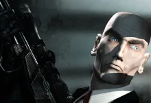 Agent 47 from Hitman: Codename 47 holds a rifle in a close-up portrait