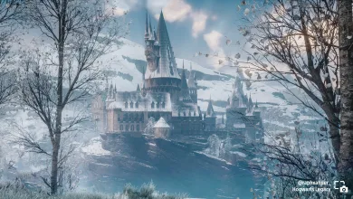 A snow-covered Hogwarts castle rises between bare trees under a pale blue sky in a winter photo-mode scene.