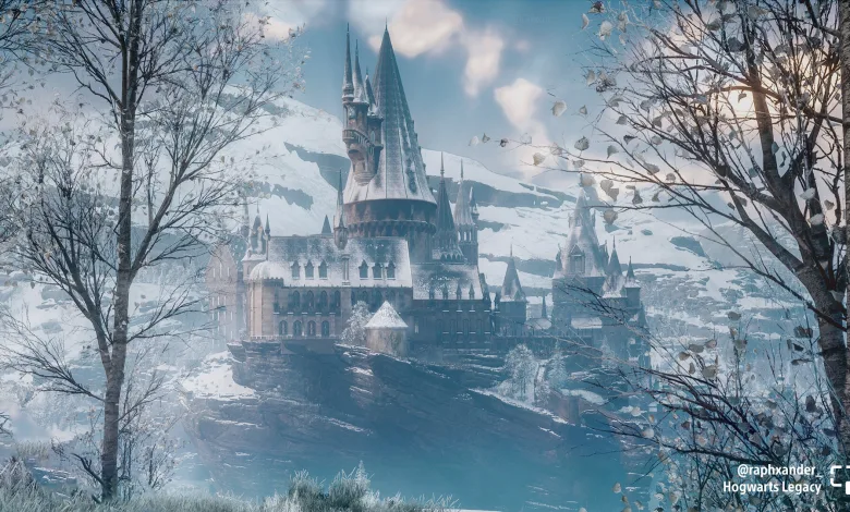 A snow-covered Hogwarts castle rises between bare trees under a pale blue sky in a winter photo-mode scene.