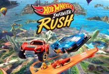 Three HOT WHEELS Infinite Rush vehicles race on elevated orange tracks above a colorful island landscape.
