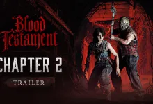 Blood Testament Chapter 2 artwork for Hunt: Showdown 1896 showing two hunters facing a masked figure in a red-lit setting.