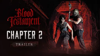 Blood Testament Chapter 2 artwork for Hunt: Showdown 1896 showing two hunters facing a masked figure in a red-lit setting.
