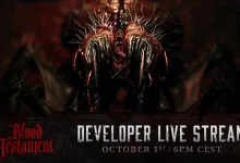 Blood Testament artwork showing a grotesque creature above text announcing a developer live stream on October 1 at 6 PM CEST.