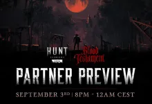 Hunt: Showdown 1896 Blood Testament Partner Preview artwork showing a hunter beneath a red moon with the September 3 broadcast time displayed.