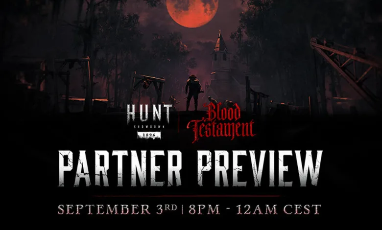 Hunt: Showdown 1896 Blood Testament Partner Preview artwork showing a hunter beneath a red moon with the September 3 broadcast time displayed.