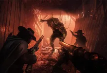 Hunters confront a grotesque Bloodskin creature inside a dim wooden structure in Hunt: Showdown 1896.