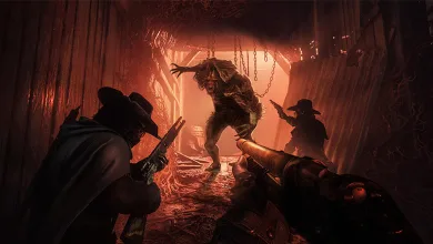 Hunters confront a grotesque Bloodskin creature inside a dim wooden structure in Hunt: Showdown 1896.