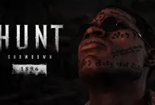 Hunt: Showdown 1896 logo beside a close-up portrait of a character wearing goggles