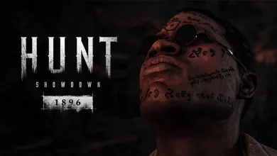 Hunt: Showdown 1896 logo beside a close-up portrait of a character wearing goggles